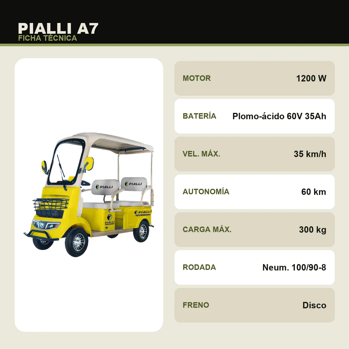 Carrito eléctrico A7 Pialli — ficha técnica