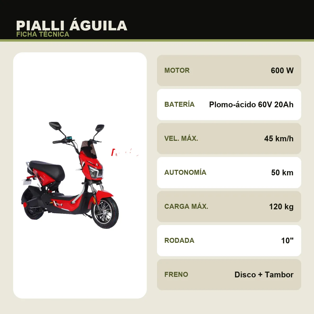 Moto eléctrica Águila Pialli — ficha técnica