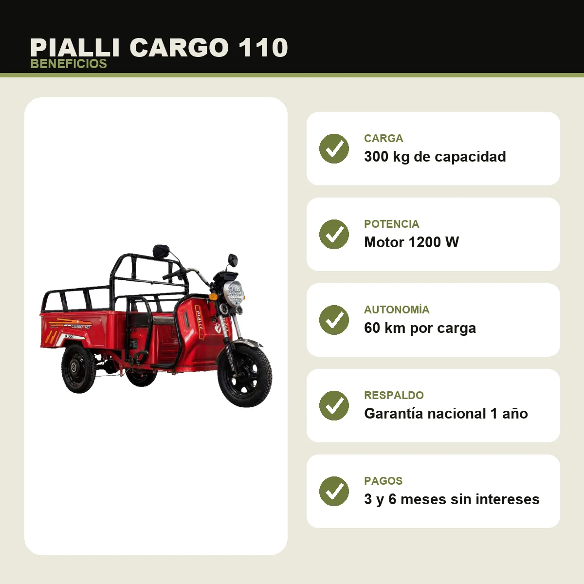 Triciclo de carga Cargo 110 Pialli — beneficios