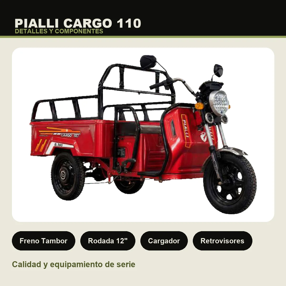 Triciclo de carga Cargo 110 Pialli — detalles y componentes