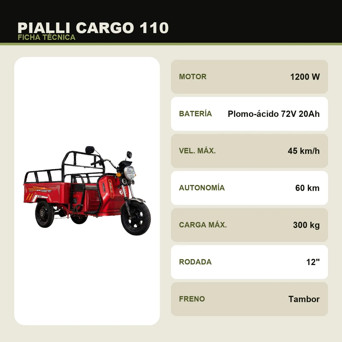 Triciclo de carga Cargo 110 Pialli — ficha técnica