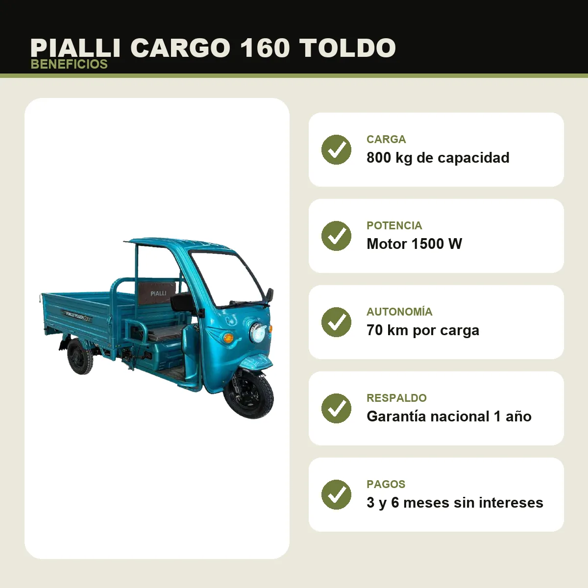 Triciclo de carga Cargo 160 Toldo Pialli — beneficios