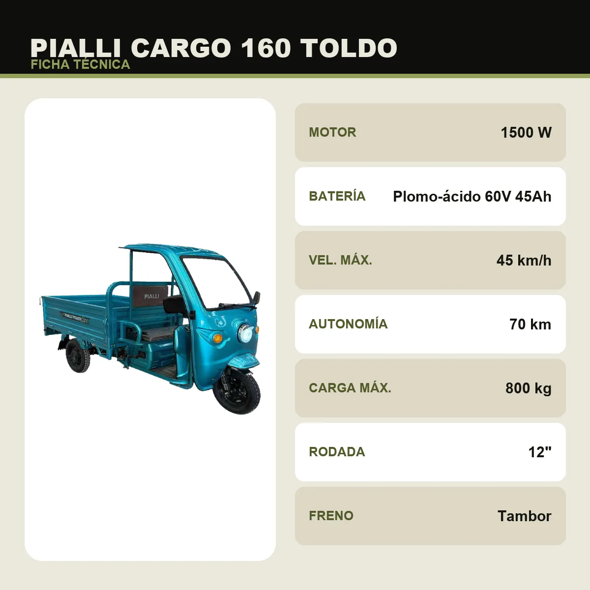 Triciclo de carga Cargo 160 Toldo Pialli — ficha técnica