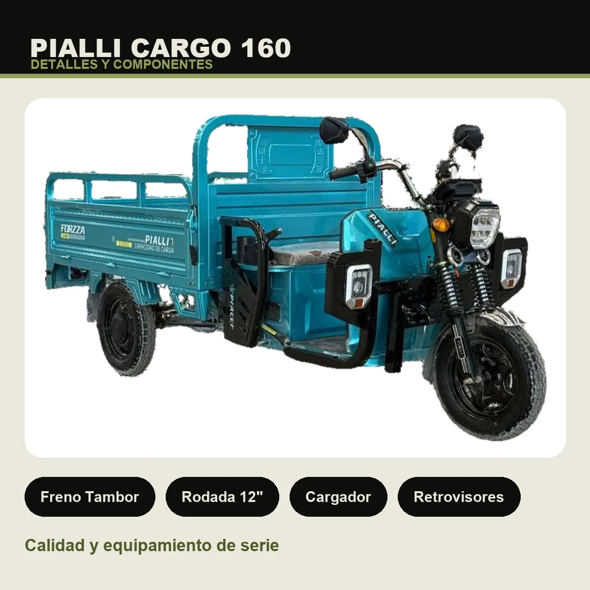 Triciclo de carga Cargo 160 Pialli — detalles y componentes