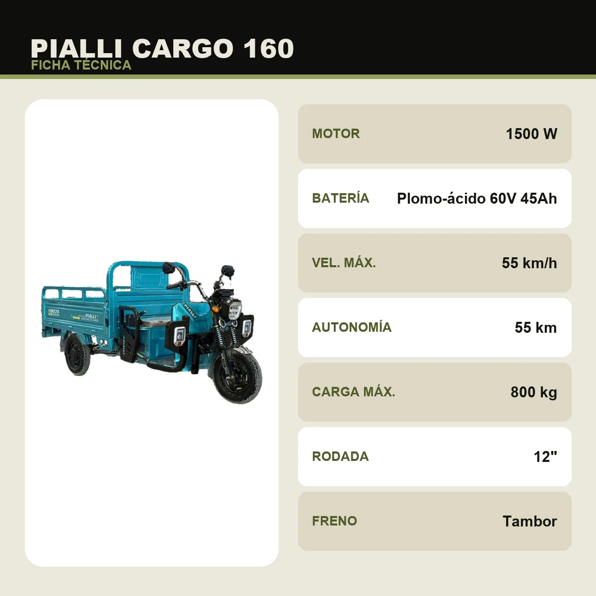 Triciclo de carga Cargo 160 Pialli — ficha técnica