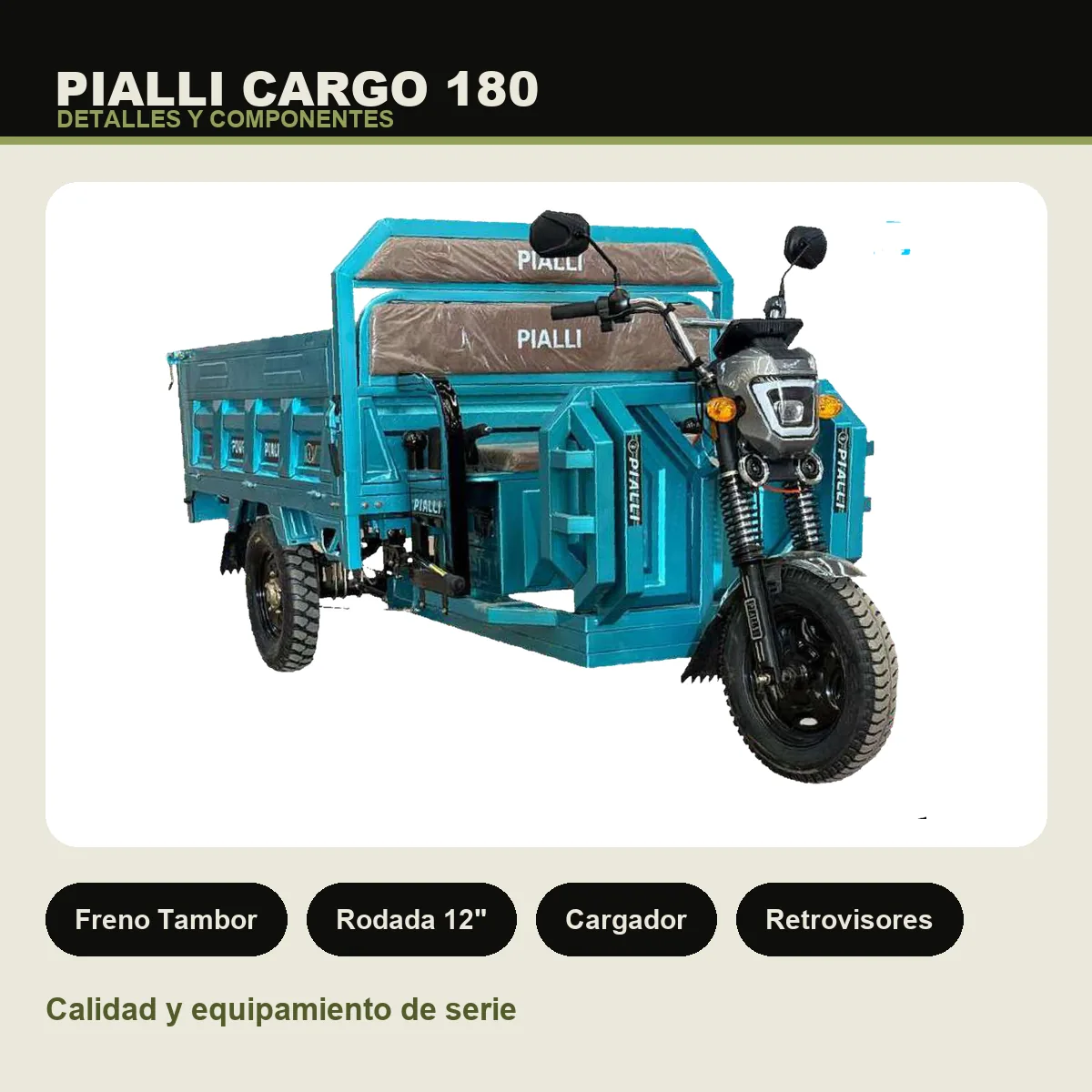 Triciclo de carga Cargo 180 Pialli — detalles y componentes