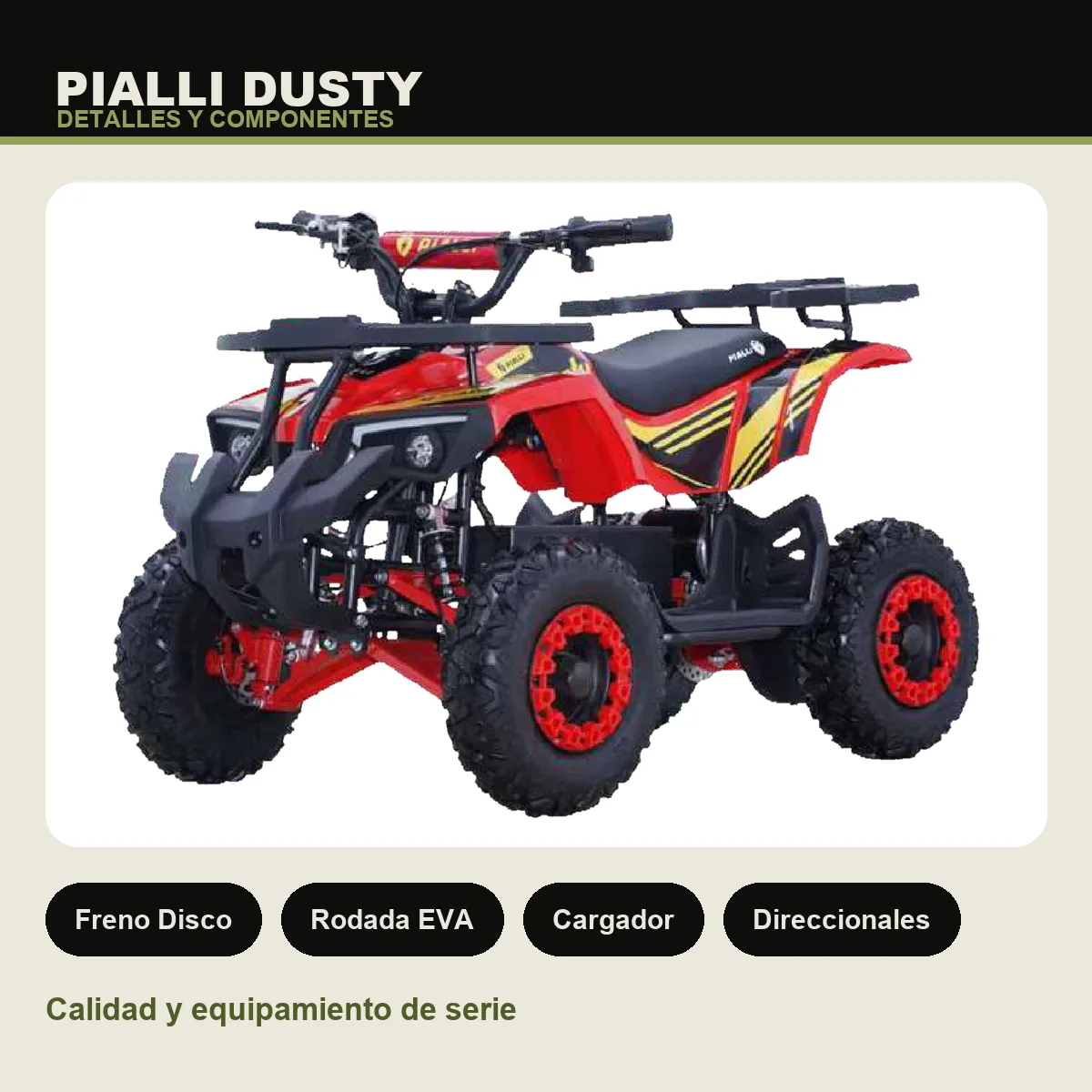 Cuatrimoto Dusty Pialli — detalles y componentes