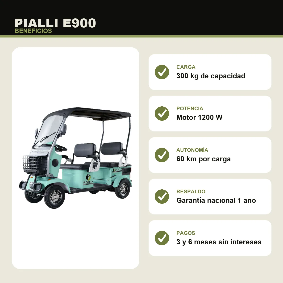 Carrito eléctrico E900 Pialli — beneficios