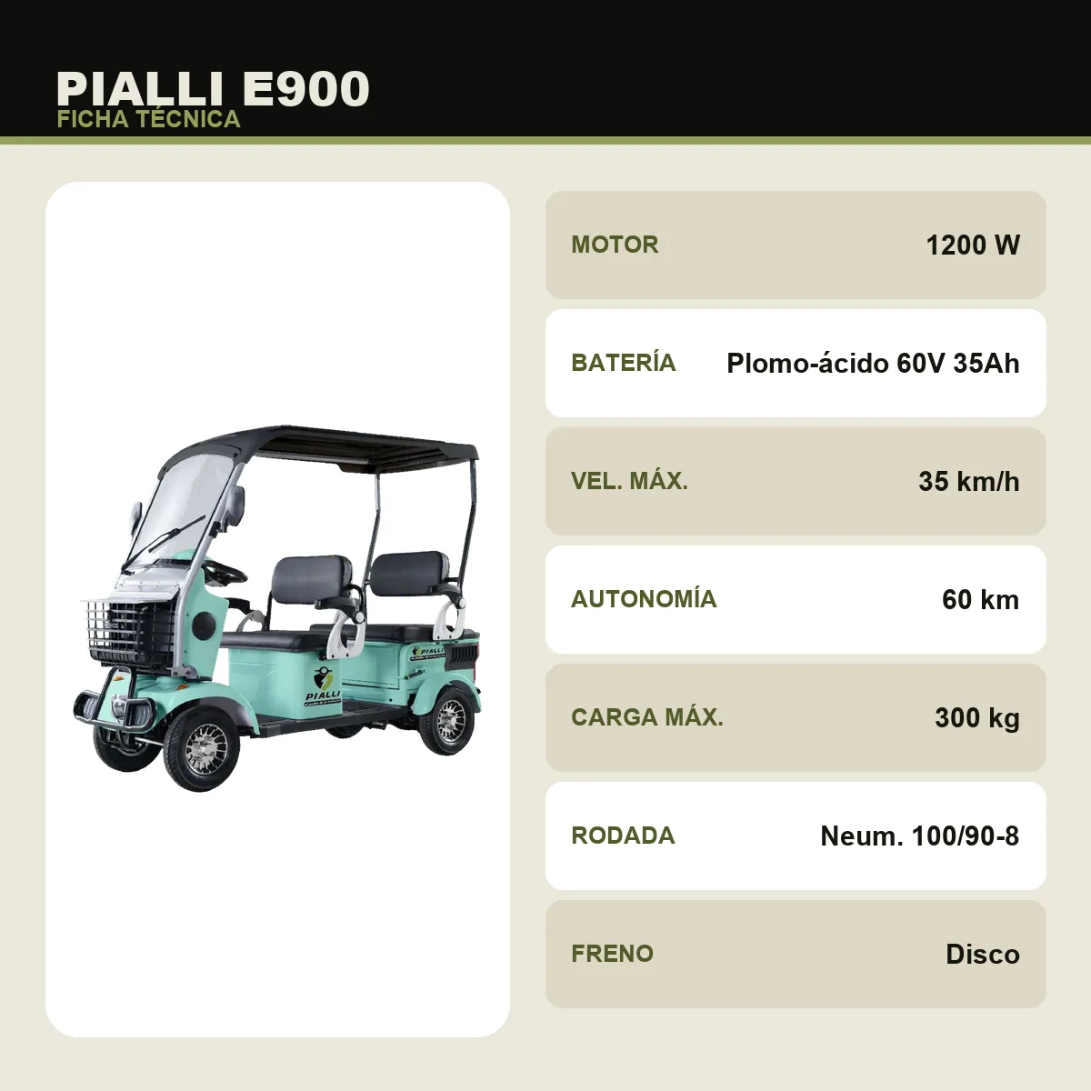 Carrito eléctrico E900 Pialli — ficha técnica