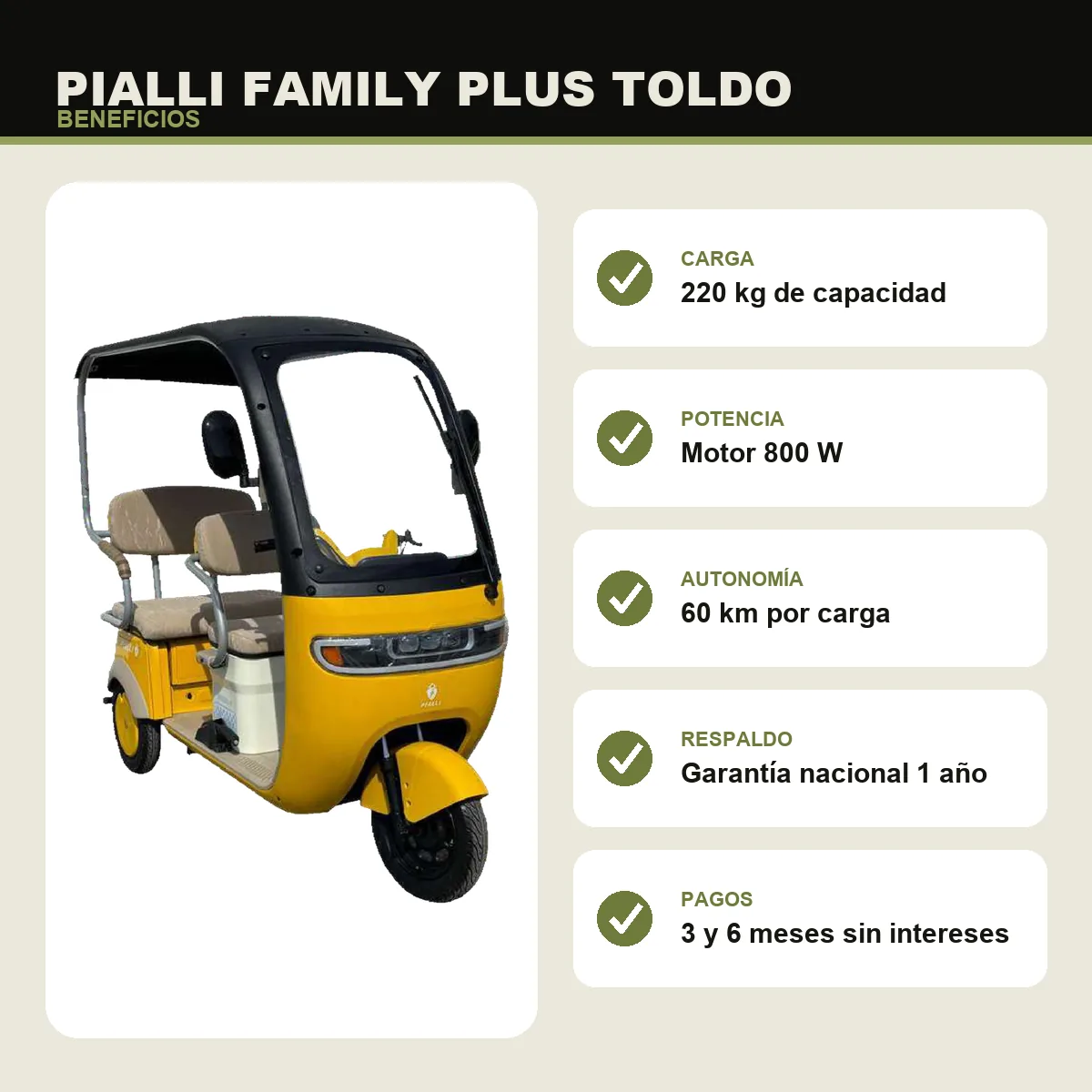 Triciclo eléctrico Family Plus Toldo Pialli — beneficios