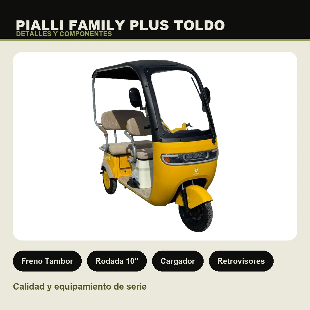 Triciclo eléctrico Family Plus Toldo Pialli — detalles y componentes