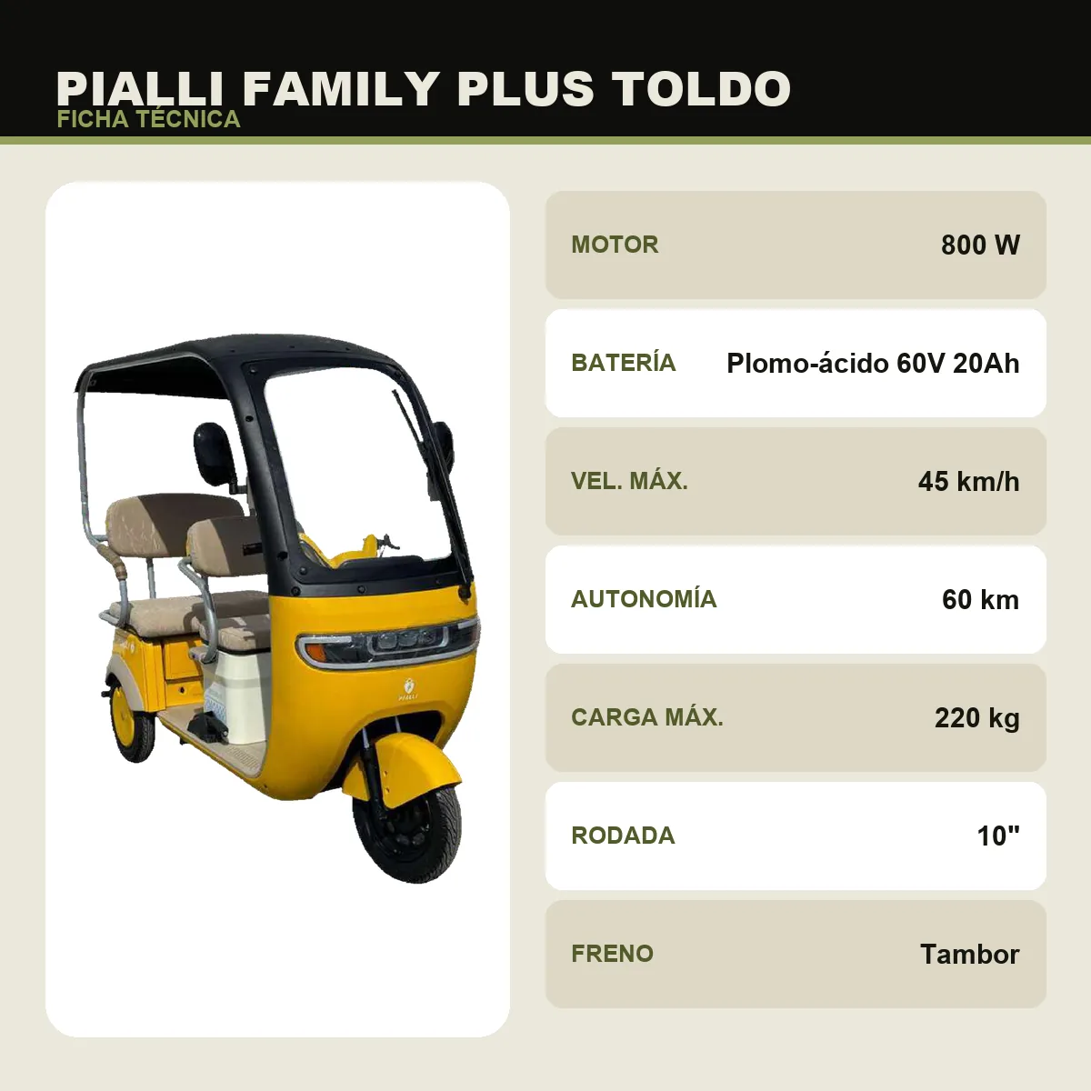 Triciclo eléctrico Family Plus Toldo Pialli — ficha técnica