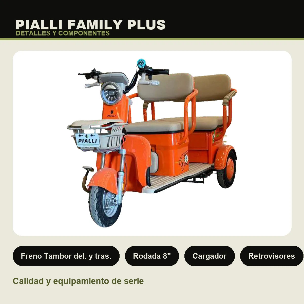 Triciclo eléctrico Family Plus Pialli — detalles y componentes