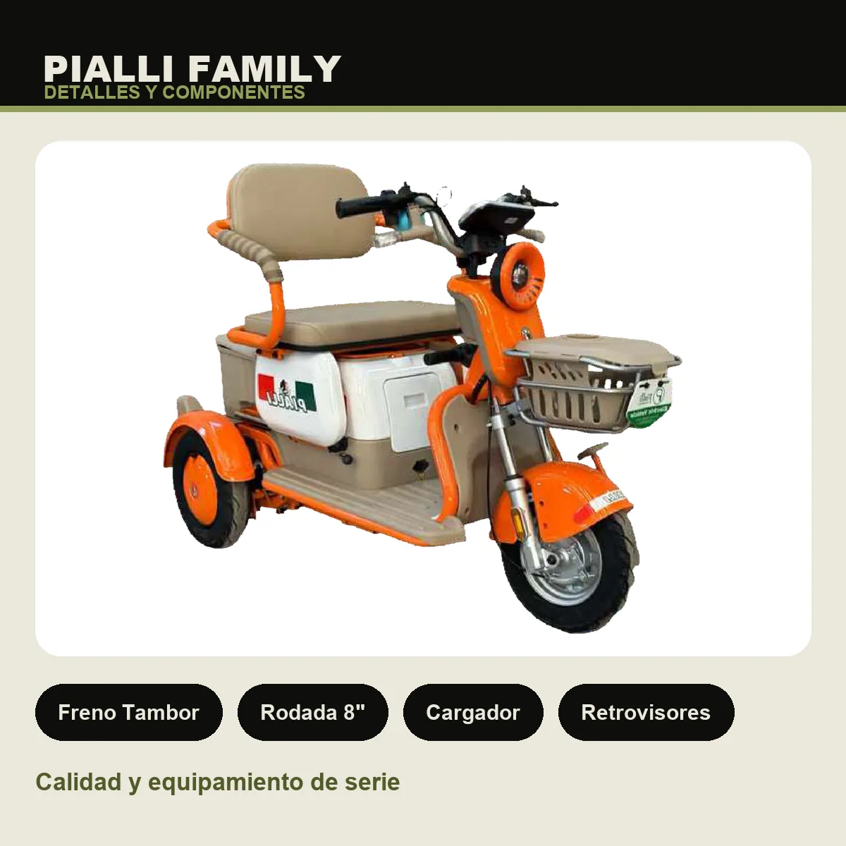 Triciclo eléctrico Family Pialli — detalles y componentes