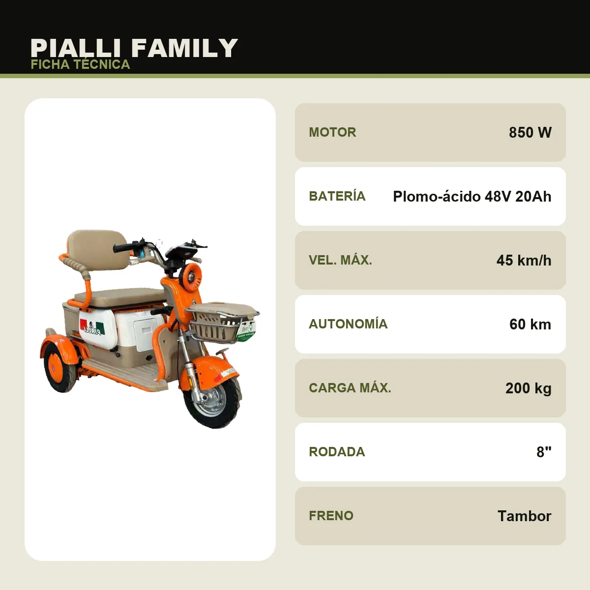 Triciclo eléctrico Family Pialli — ficha técnica