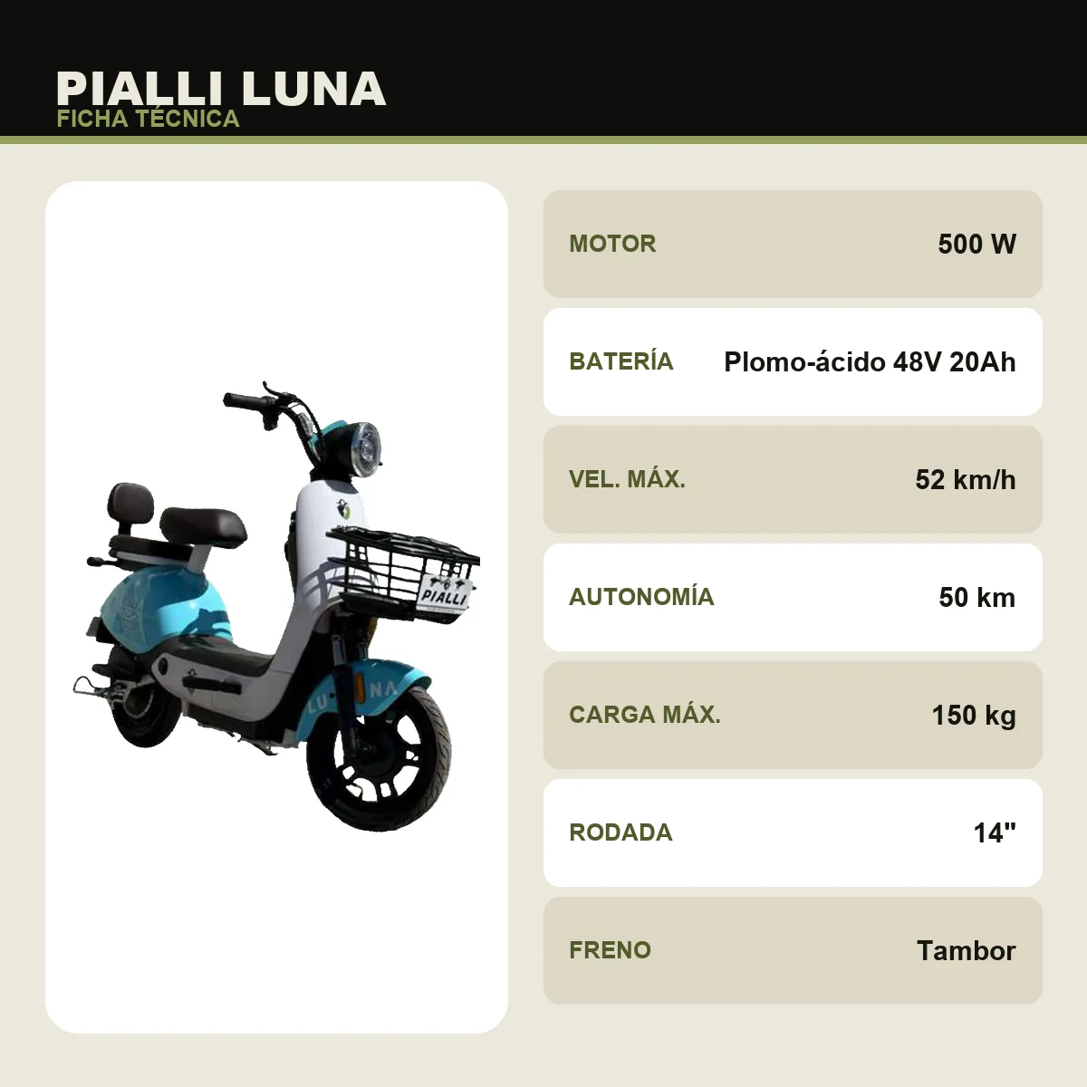 Moto eléctrica Luna Pialli — ficha técnica