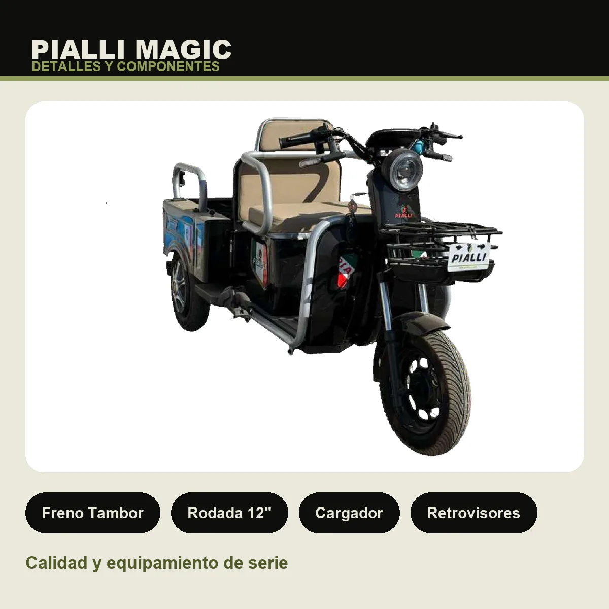 Triciclo eléctrico Magic Pialli — detalles y componentes