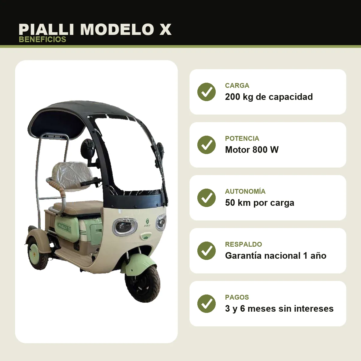 Triciclo eléctrico Modelo X Pialli — beneficios