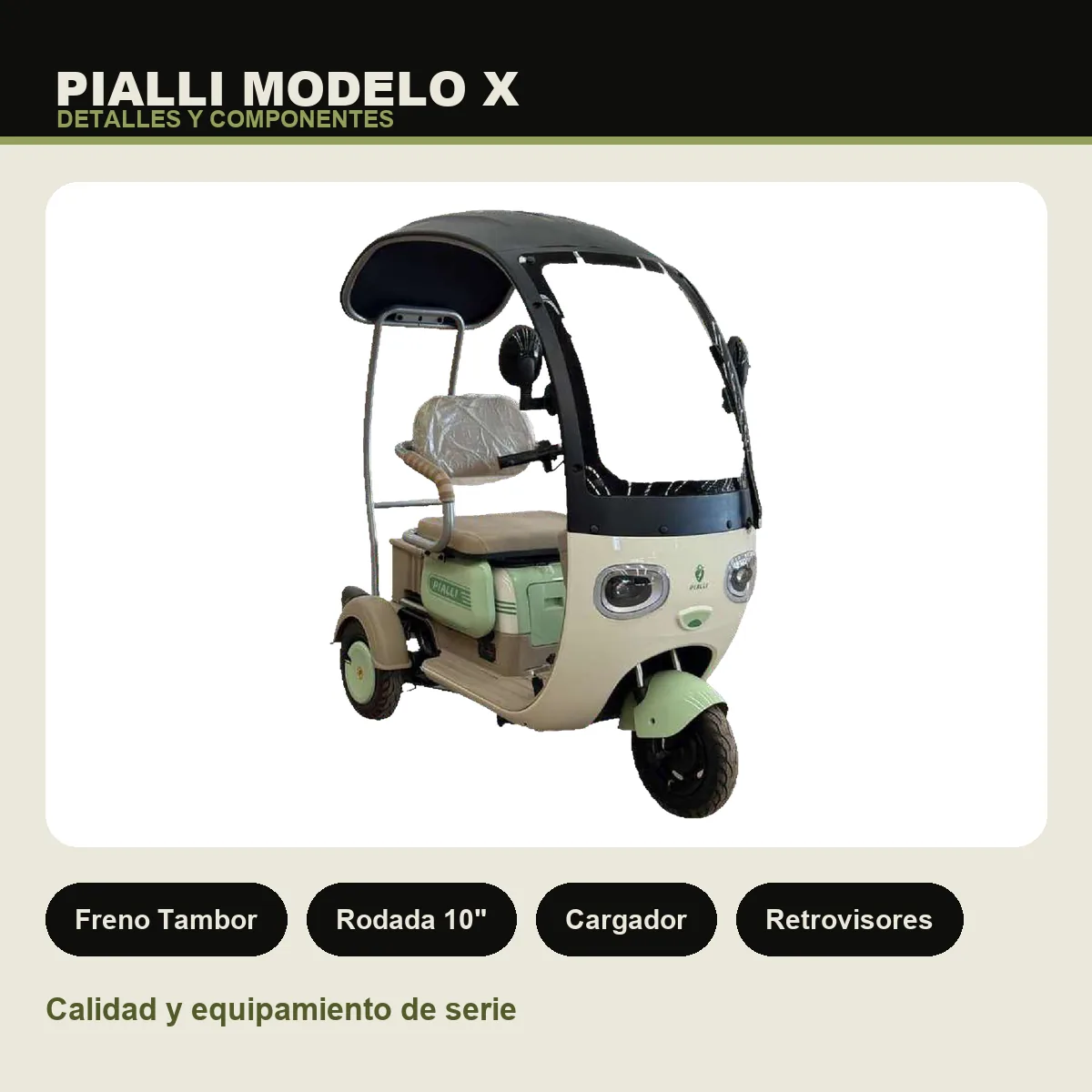 Triciclo eléctrico Modelo X Pialli — detalles y componentes