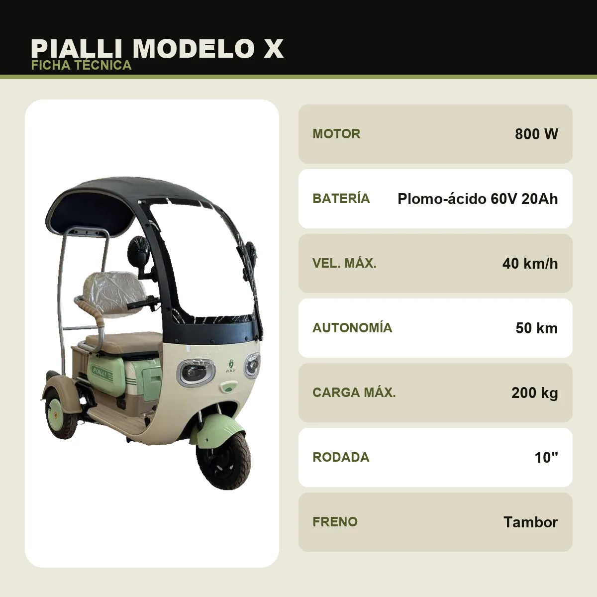 Triciclo eléctrico Modelo X Pialli — ficha técnica