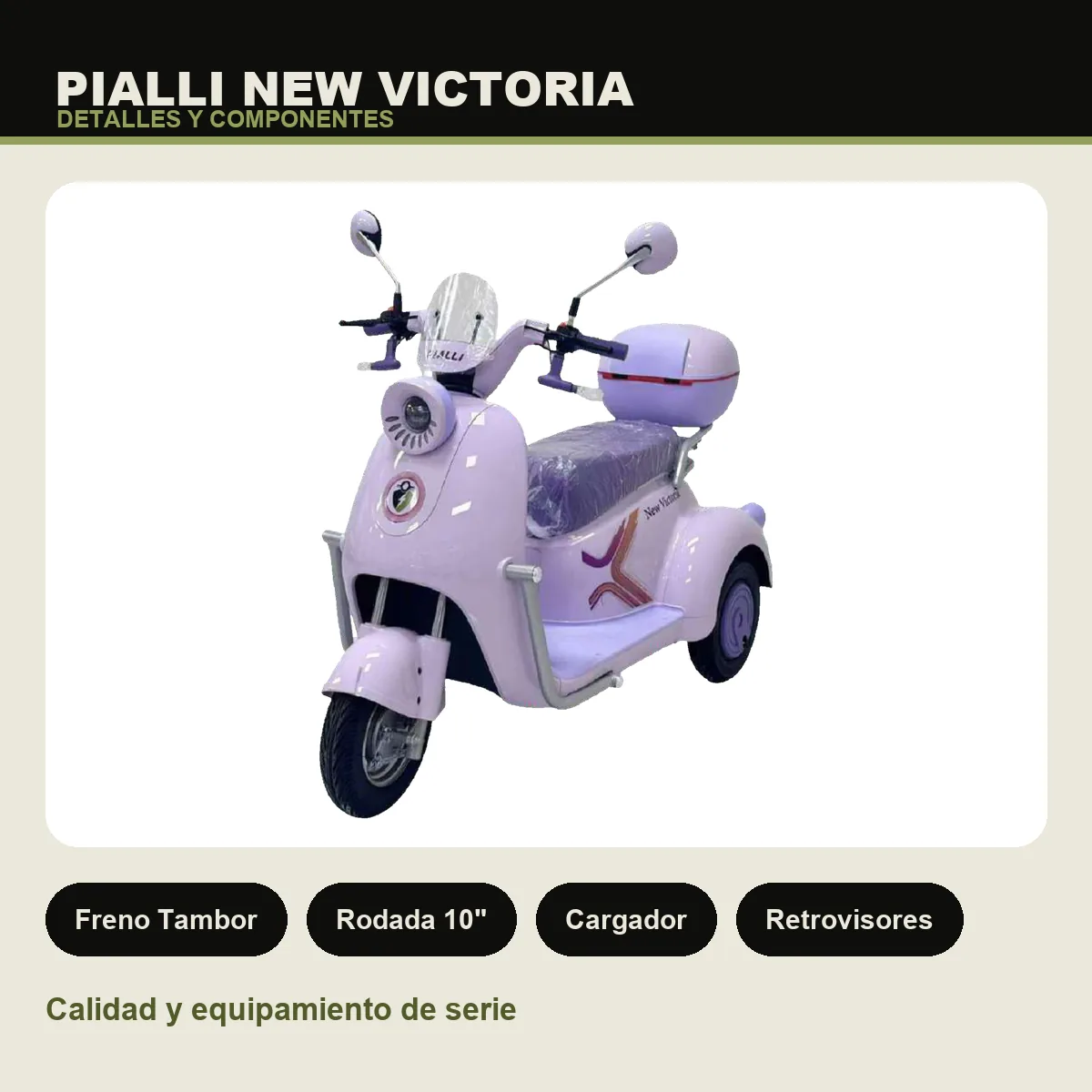 Triciclo eléctrico New Victoria Pialli — detalles y componentes