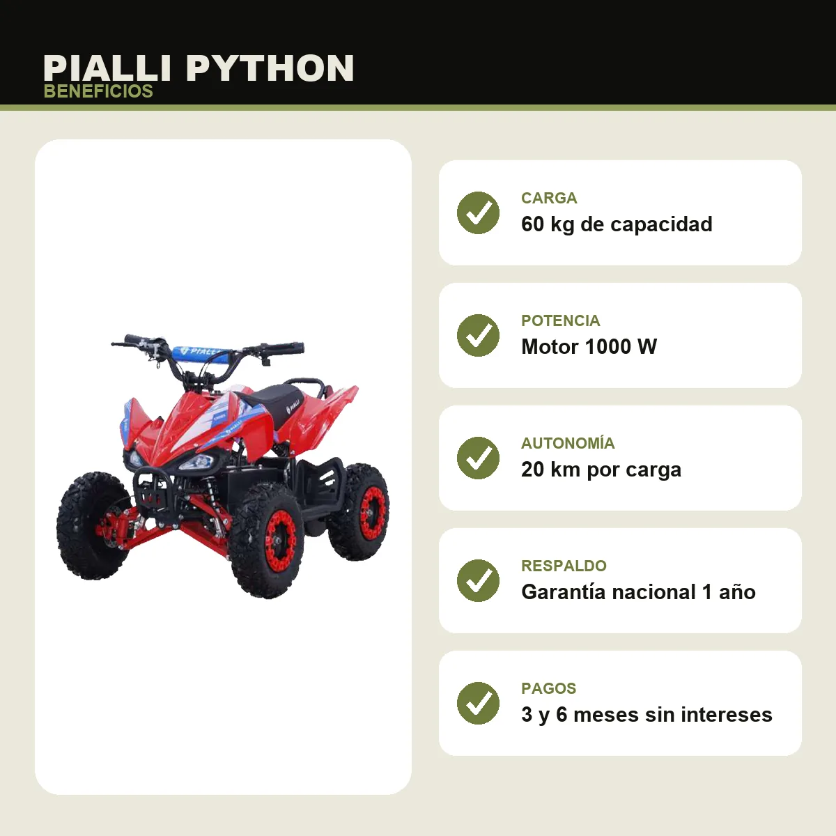 Cuatrimoto Python Pialli — beneficios