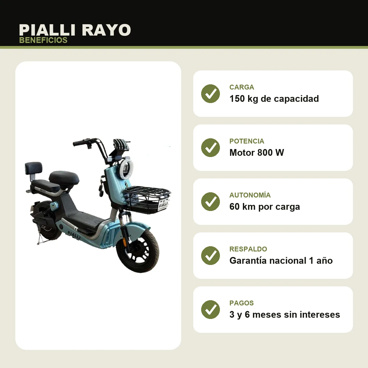 Moto eléctrica Rayo Pialli — beneficios